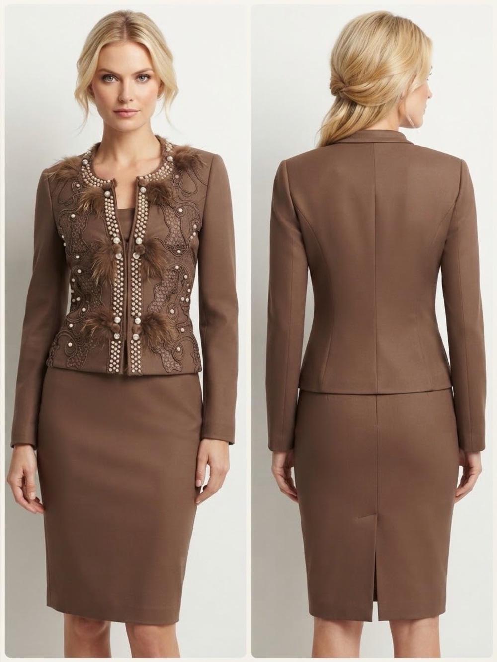 SALE๐ฅNWT WOMEN SKIRT SUIT 3PC SET BLAZER/SKIRT/TOP CREW NECK RHINESTONES BEADED